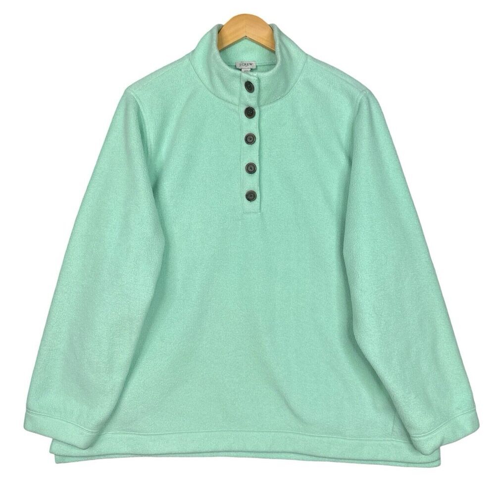 J Crew Jacket Sweatshirt Women Green Sz 2XL Fleece 1/3 Button Closure‎ Fall Cozy